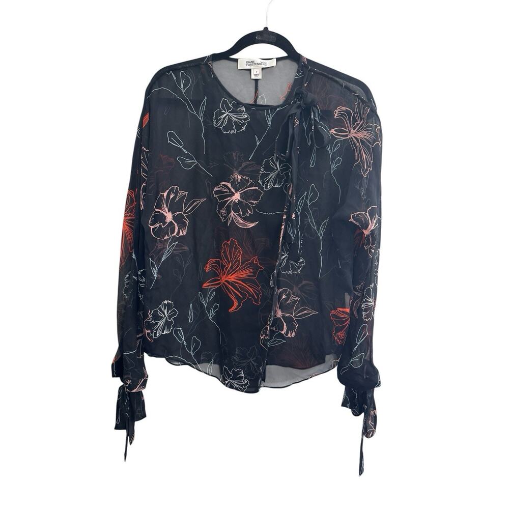 Diane Von Furstenberg DVF Tie Sleeve Size 8 Blouse Black Sheer Floral #6614